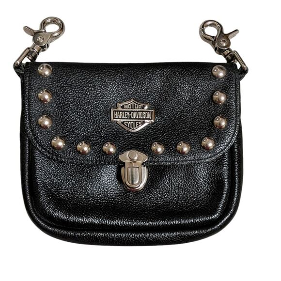 Harley Davidson black pebbled leather small satchel bag riding moto studded - Picture 7 of 7